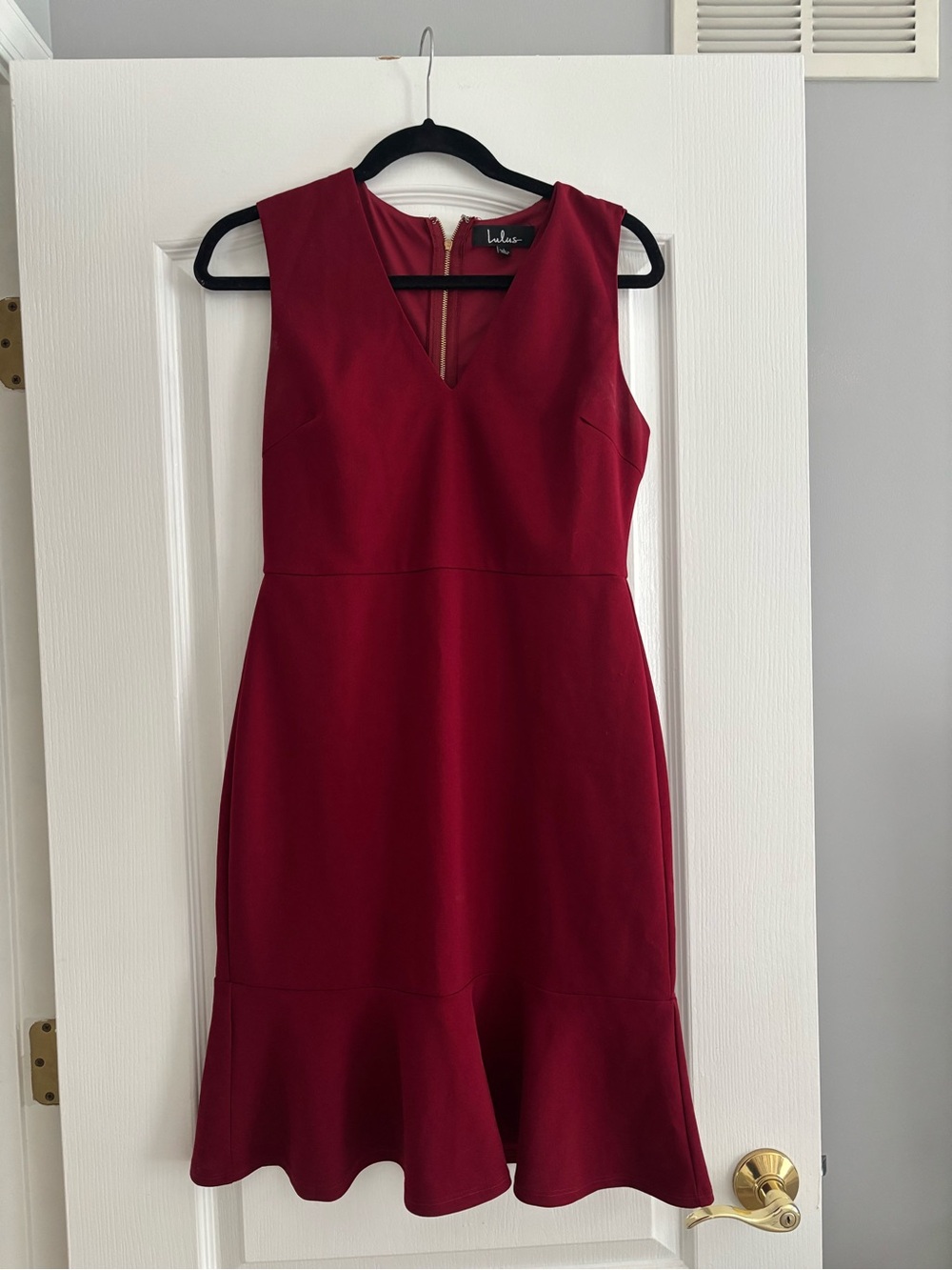 Lulu's Wine-Red V-Neck Midi Dress with Flounce Hem